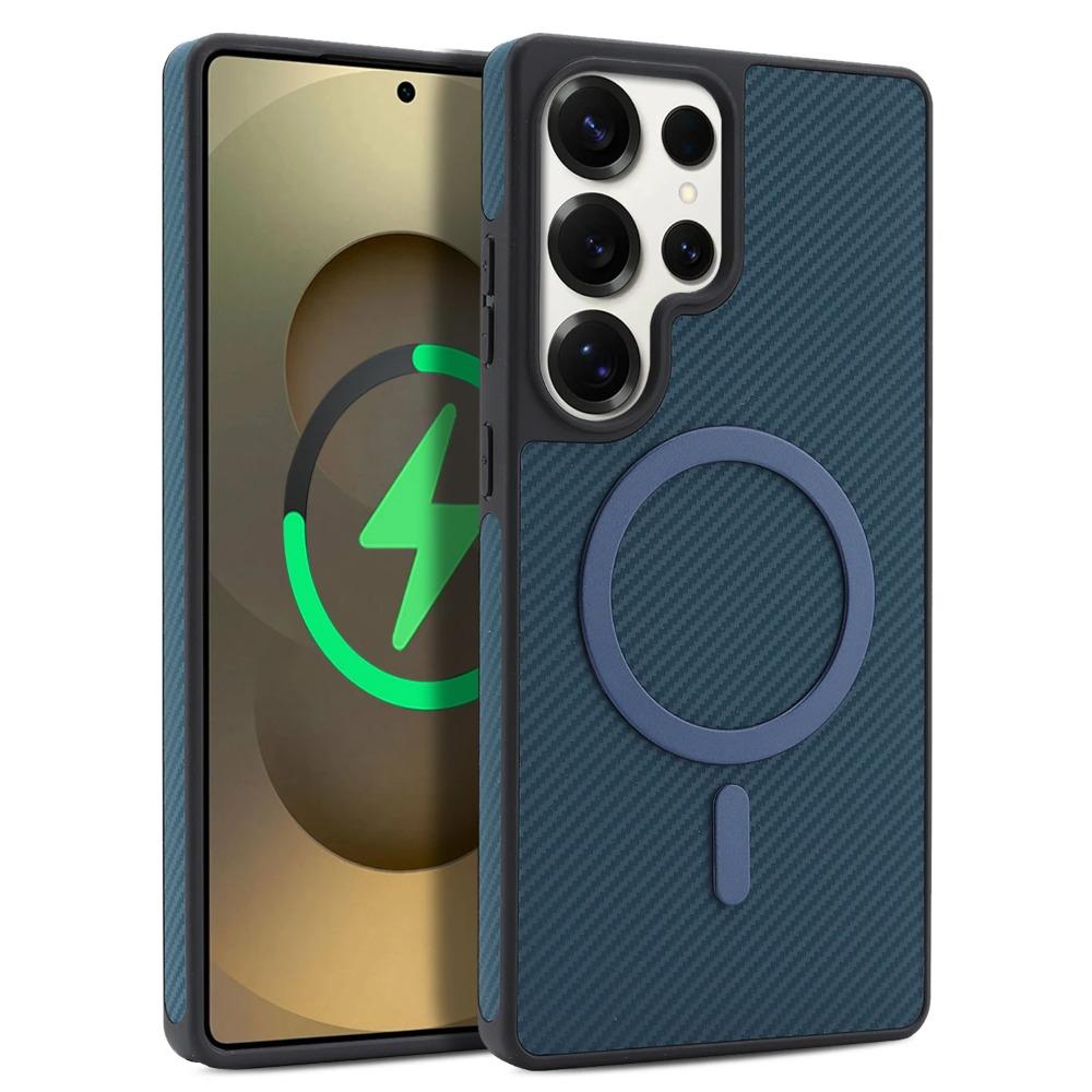 

Business Carbon Fiber Texture Leather Case For Samsung Galaxy S26 S25 S24 S23 Plus S22 Ultra Compatible MagSafe Charging Cover Galaxy S23 синій