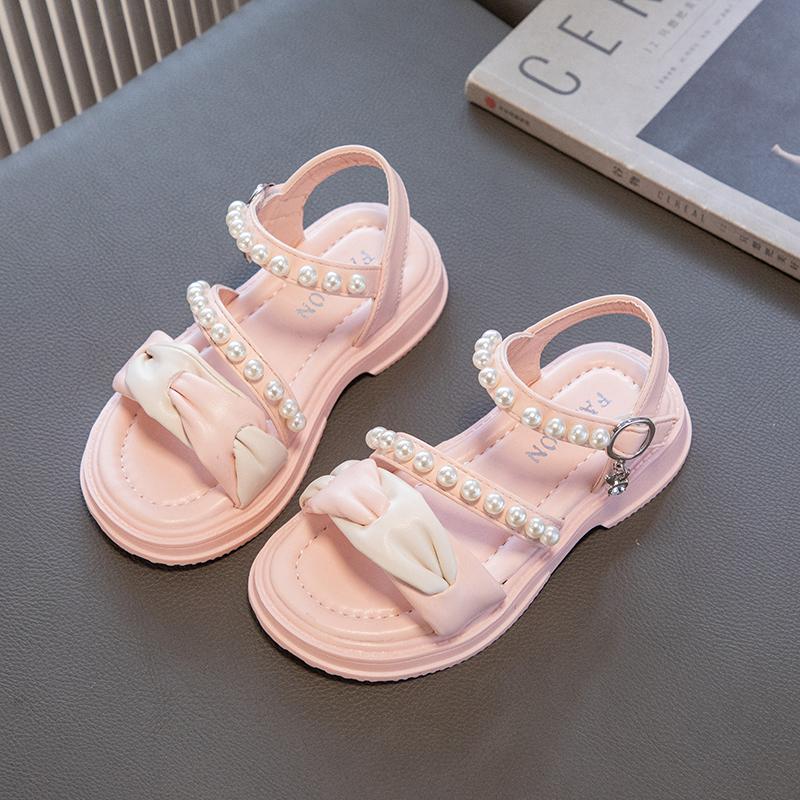 Children Sandals for Girls Kids Fashion Pleated with Pearls Open-toe Versatile Flat Non-slip Princess Shoes Casual 2024 Summer