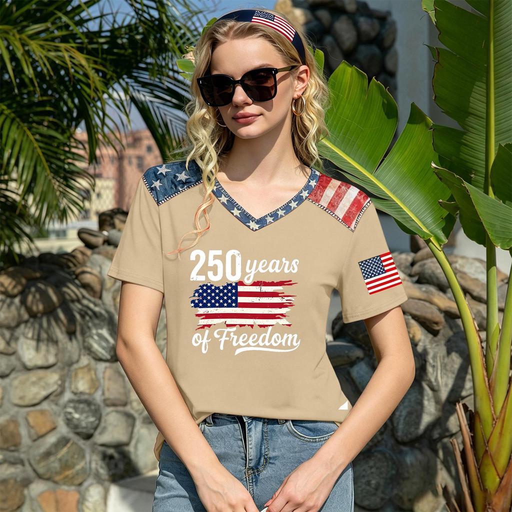 Haut T-shirt Pull Col en V Manches Courtes pour Femme avec Impression Drapeau Coupe Ample Décontracté Confortable Design Léger pour un Usage Quotidien
