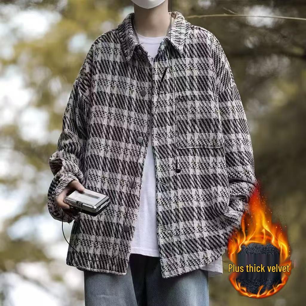

Men s Lightweight Plaid Jacket - Warm French Style, Plus Velvet, Perfect for Spring, Autumn, and Winter. 3XL