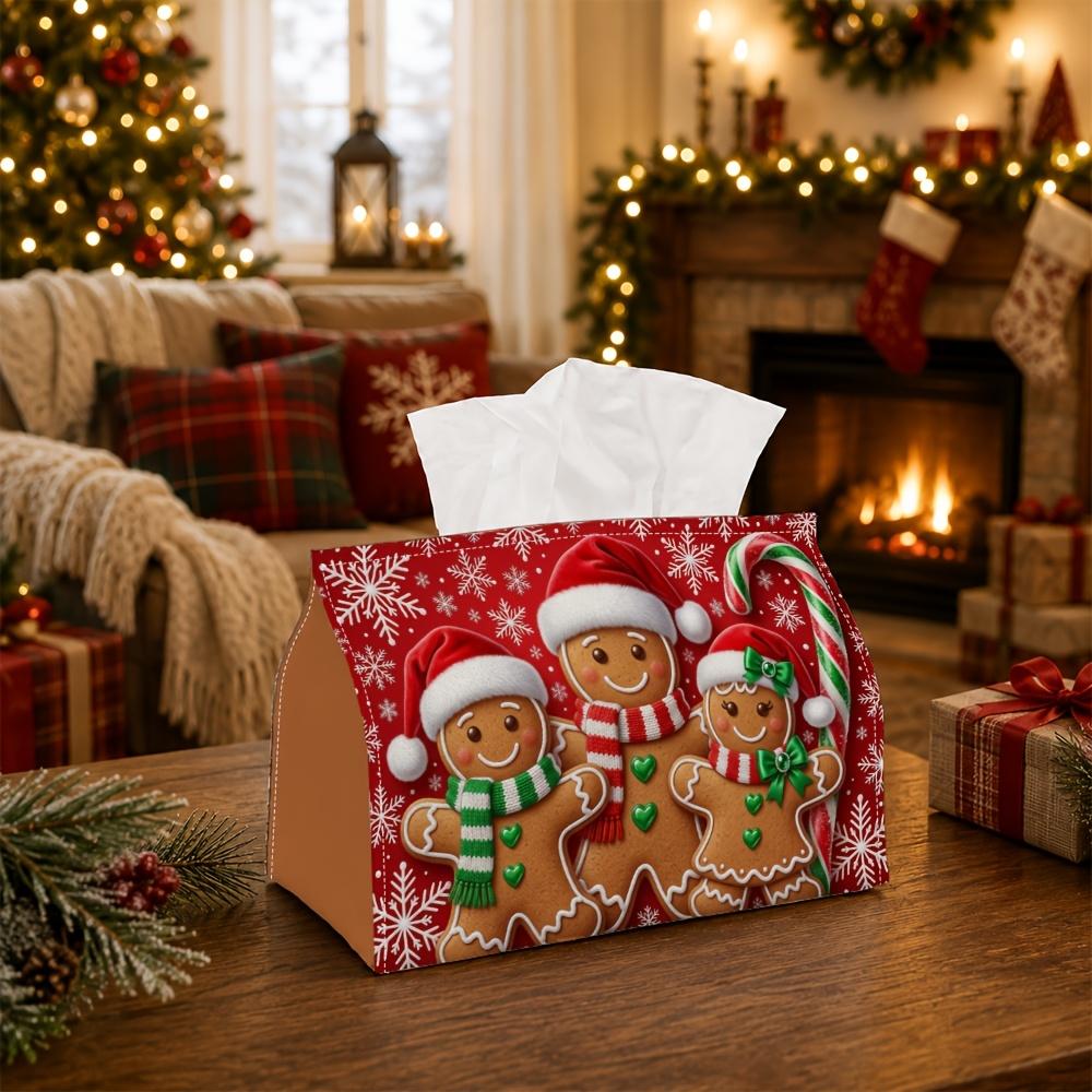 1pc Joyful Sweet Vibe Tissue Box - Xmas Napkin Dispenser, Available Made of Durable Polyester, Decorated with Gingerbread for Man Trio Scene, Suitable