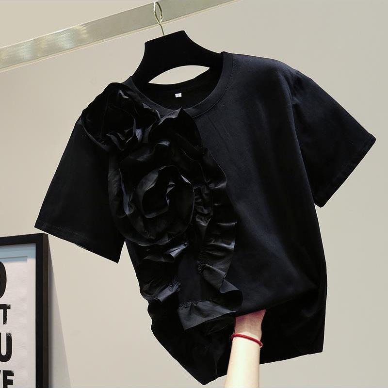 2023 Summer Women's Loose Slimming 3D Floral Patchwork Frilly Top