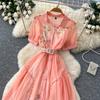 Elegant Short-Sleeve Floral Embroidered Dress for Women Vintage Turn Down Collar Belt Slim A-line Long Maxi Dress