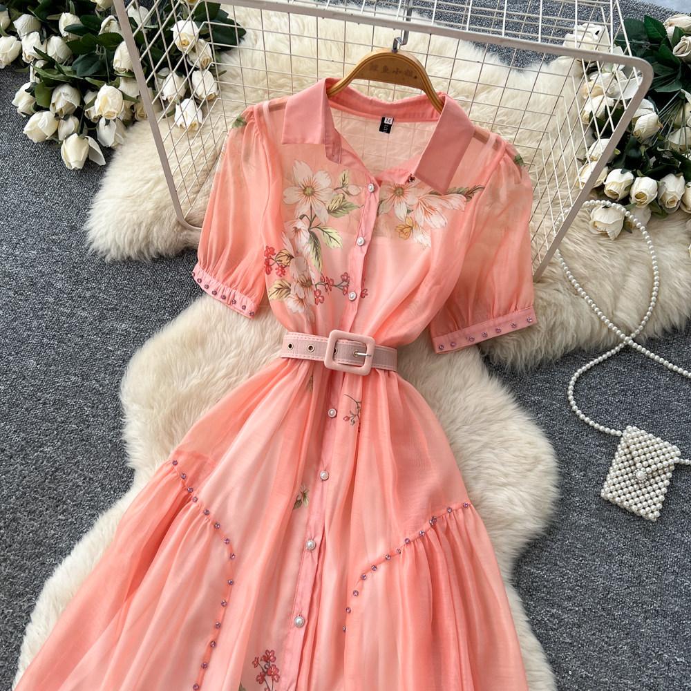Elegant Short-Sleeve Floral Embroidered Dress for Women Vintage Turn Down Collar Belt Slim A-line Long Maxi Dress