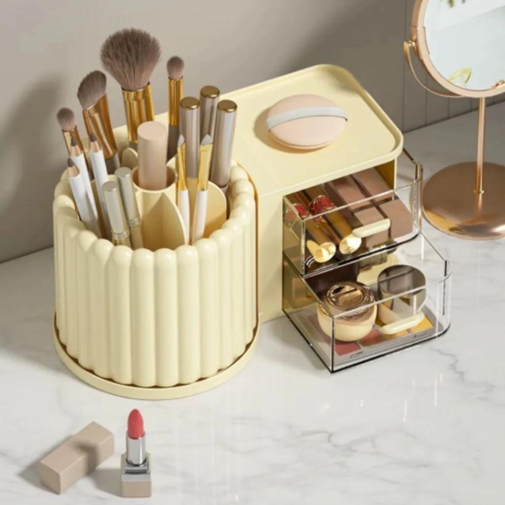 2 Drawers Makeup Brush Holder Large Capacity Desk Organizer Rotating Organizer  Stationery Storage