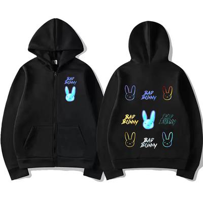 Bad Bunny Kunst Grafik Reißverschluss Hoodie Jacke Herren Damen vintage lustig Lässig Streetwear Oversized Mode Unisex Fleece Reißverschluss Jacke