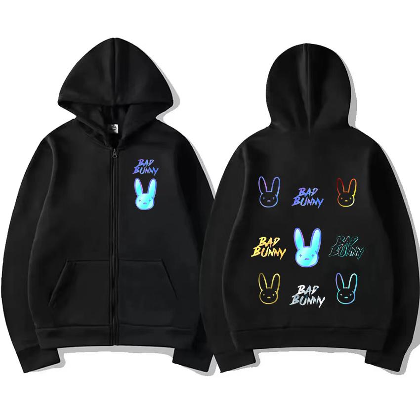 

Bad Bunny Art Graphic Zipper Hoodie Coat Men Women vintage funny Casual streetwear Oversized fashion Unisex Fleece Zip-up Jacket S чорний
