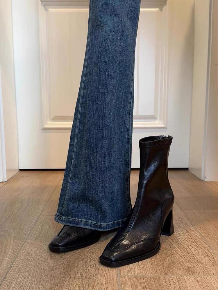 Korean version of high-heeled square-headed thin boots short boots women's thick-heeled retro Martin boots British short boots single boots