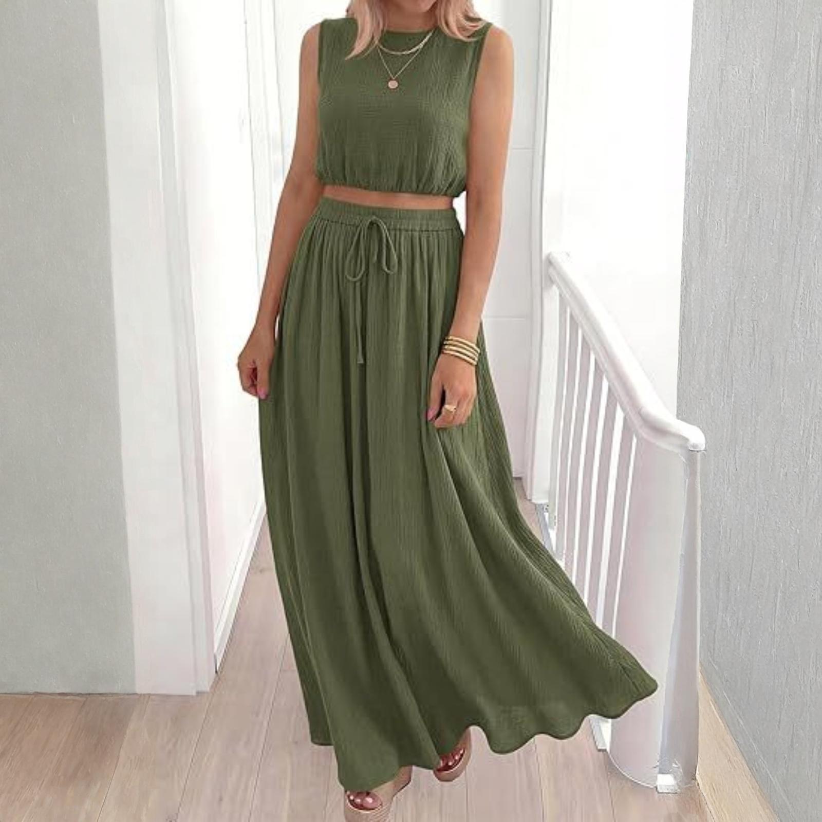 

Women’s Sleeveless Crop Top and Long Skirt Set with Drawstring Waist and Pockets Casual Loose Fit Two Piece Outfit L