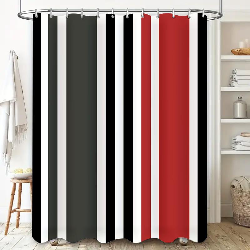 Modern Bath Shower Curtain with Bold Stripes Waterproof Fabric for Home Decor In Red Black Size 180x240cm