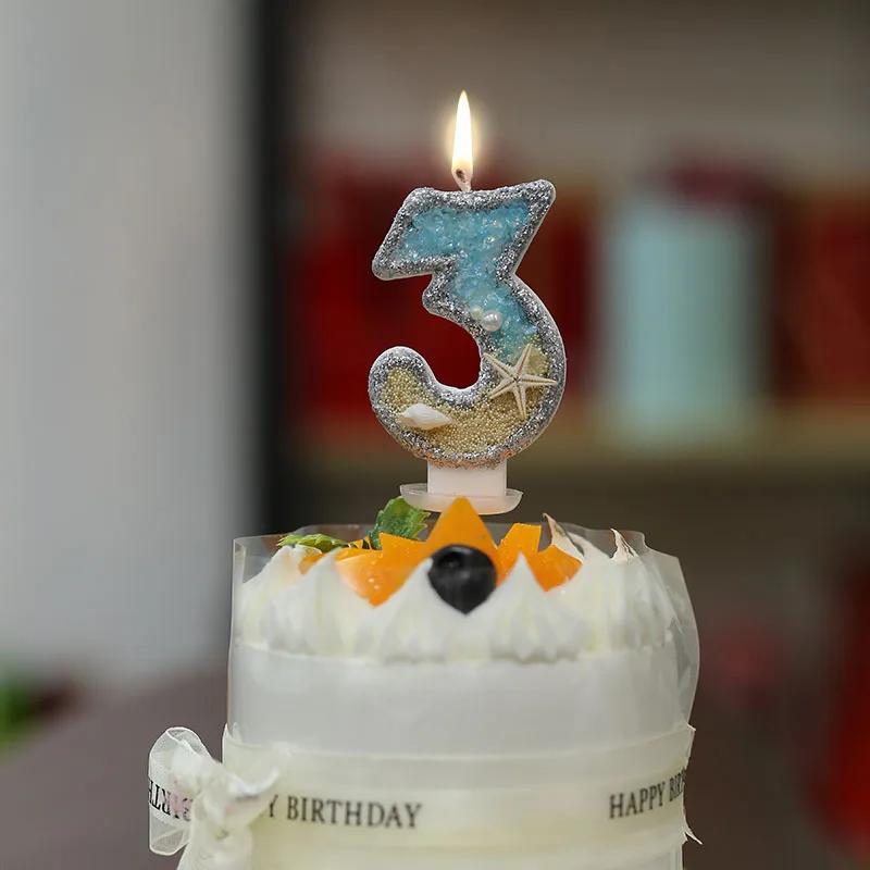 3 hüvelykes Születésnapi Gyertya Nagy 4-es Számú Gyertya Tengeri stílusú Tengeri csillag Kagylók Torta Dísz Gyerekek Születésnapi Bulihoz
