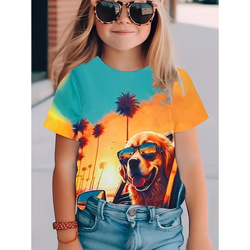 

Дитячий одяг Футболка для дівчинки з коротким рукавом Дитяча футболка з принтом із милими тваринами Повсякденні топи з круглим вирізом для дівчинки Дитячий літній одяг 160