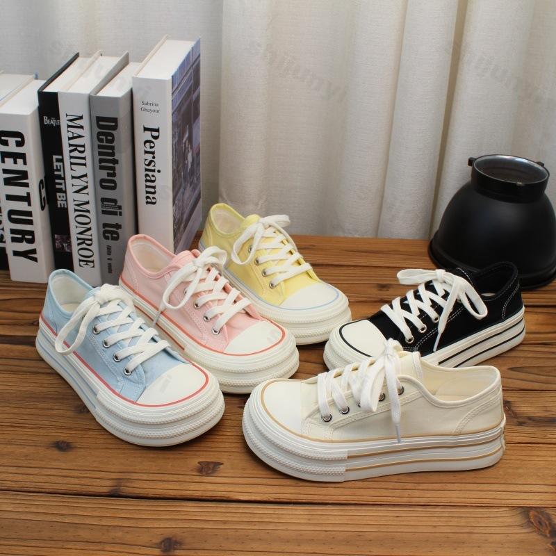 Scarpe da Ginnastica da Donna in Tela Autunnali Suola Spessa Scarpe Sportive Casual Comode Antiscivolo Moda Punta Tonda Stringate Scarpe con Plateau