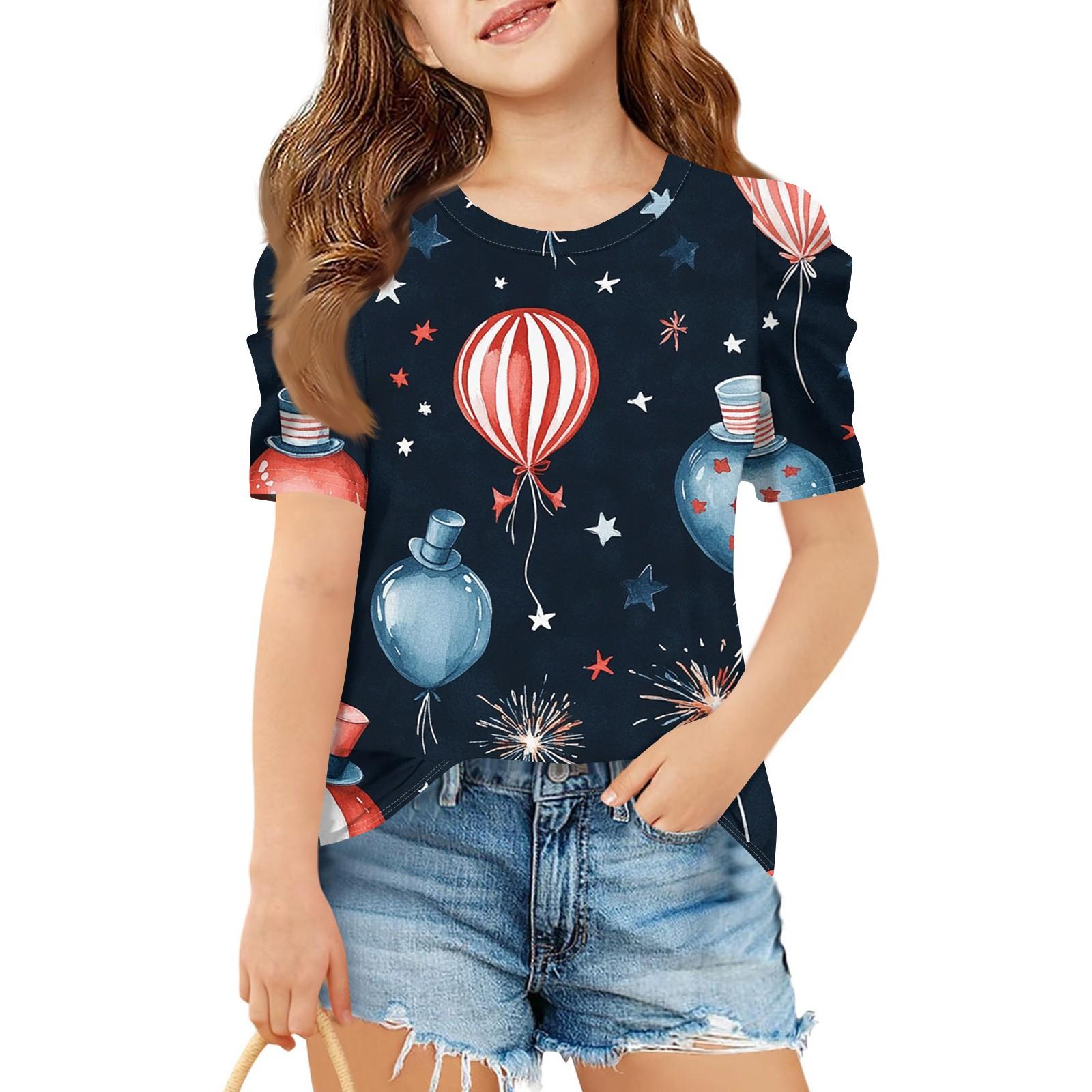 

Летний топ с короткими рукавами для девочек, детская повседневная футболка с круглым вырезом на День независимости 140 киноварь