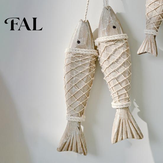 Creative Beach House Decor Rustic Nautical Wooden Fish Decor, Coastal Style Wall Hanging Marine Nursery Ornament with Fishing Net for Lake House,