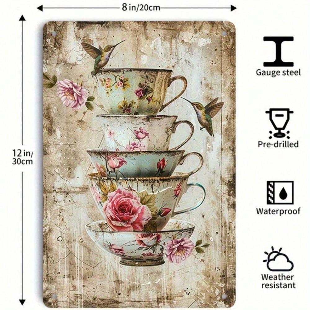 Route 66 Vintage Metal Sign Rustic Floral Teapots Butterflies Wall Art Non-Fading Durable Decor