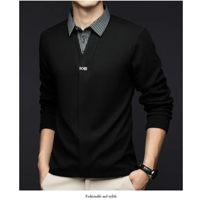 

Men S Fall/Winter Long Sleeve Top Knit Sweater With Woven Shirt Collar And Knit Body, Blouse Collar T-Shirt L чёрный