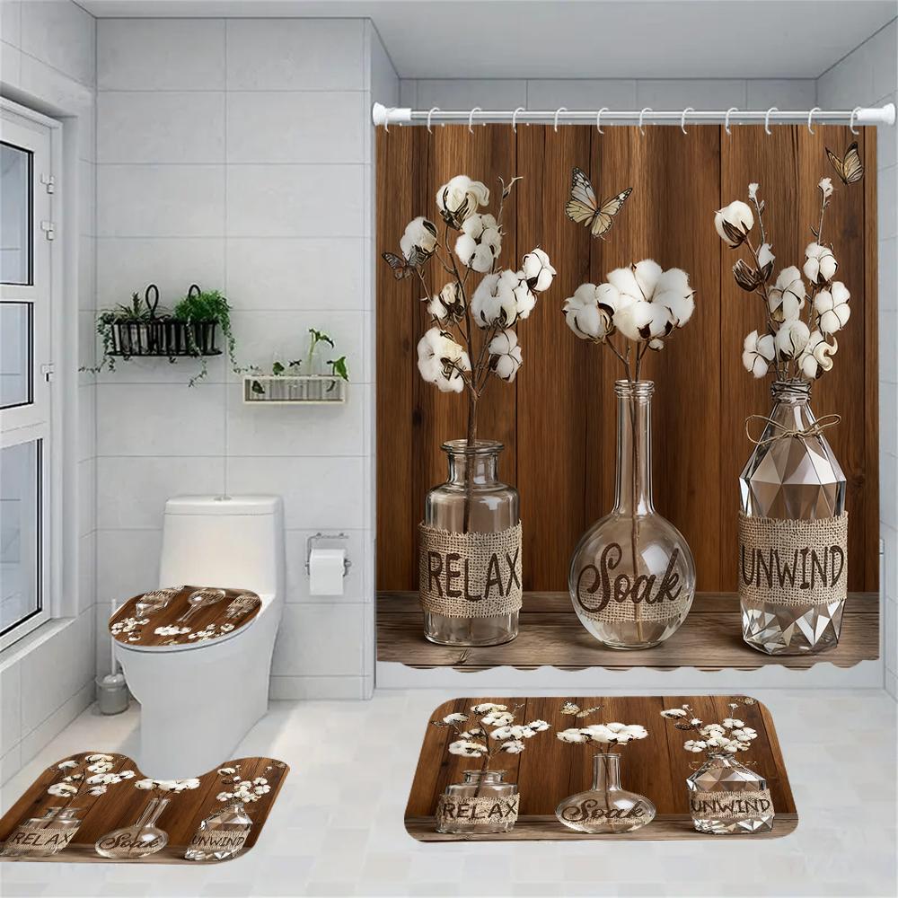 1/4 Badewannenmädchen Druck Duschvorhänge, WC-Sitz Dekoration, Duschvorhang mit Teppich und WC-Deckel, 70,8x70,8 Zoll