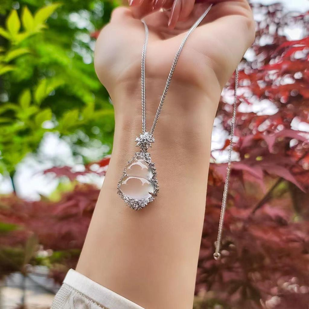 Pure Silver S925 Natural Mizzonite Jade Gourd Pendant Necklace - High Ice Variety for Women, with Chinese Style Fu Lu Charm