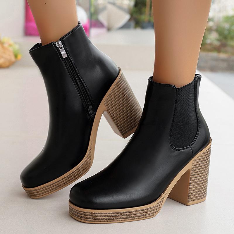 Women's Boots European and American Round Toe Side Zipper Thick Heel Short Boots High Heel Women's Boots