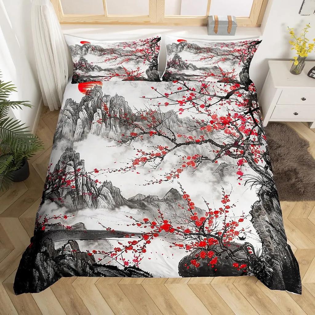 Japanese Landscape Duvet Cover Set for Teens Adults Queen Quilt Covers Lightweight Down 2 Pillowcases 1 Duvet Cover No Comforter