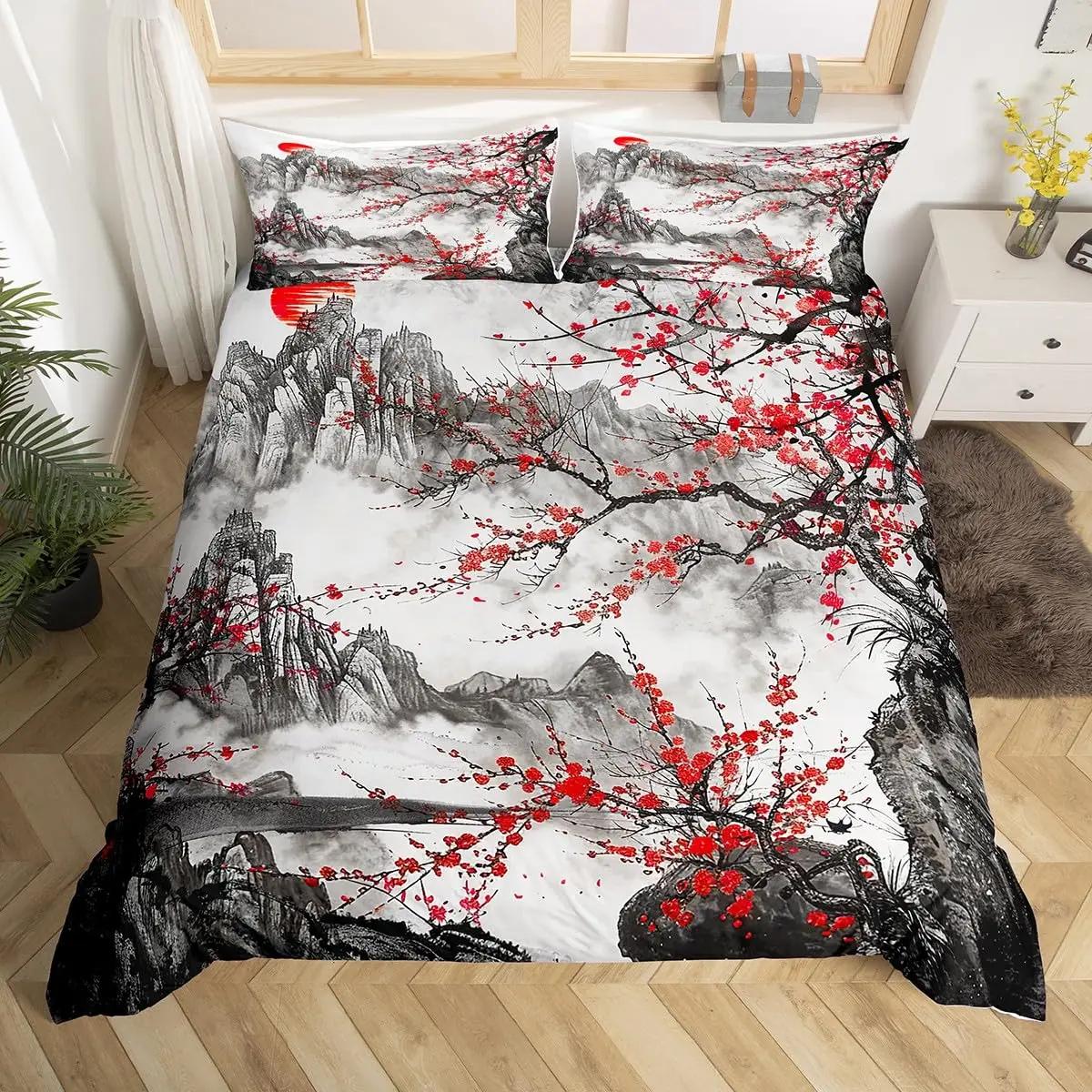 

Japanese Landscape Duvet Cover Set for Teens Adults Queen Quilt Covers Lightweight Down 2 Pillowcases 1 Duvet Cover No Comforter EU Single(135*200cm)3pcs