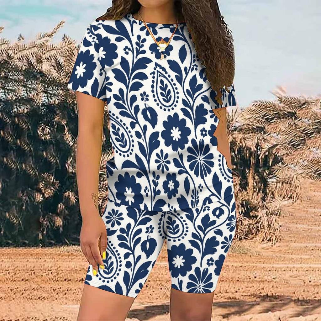 Women Plus Size Green Printed Round Neck Short Sleeve Top Fitted Shorts Two Piece Set