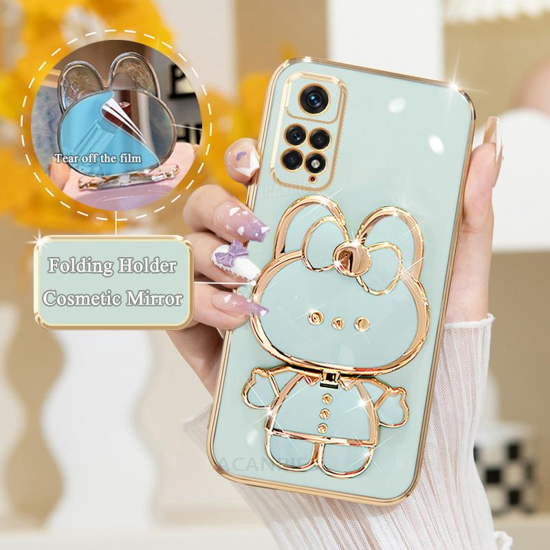 Note11s Luxury Plating Mirror Holder Case On For Xiaomi Redmi Note 11 Pro 4g 5g 11s 11pro Plus 10 10s 9 9s Silicone Stand Cover