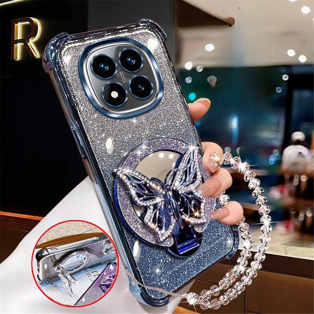 Crystal Bracelet Glitter Butterfly Mirror Stand Case For Xiaomi Poco X7 X6 X5 X3 Pro F7 M8 M6 F6 POCO C65 C75 Shockproof Cover
