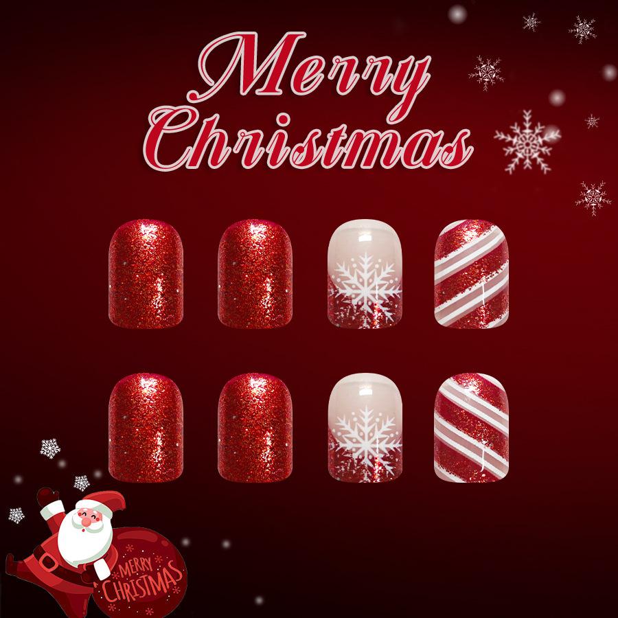 24Pcs Short Square Glossy Press On Nails 2026 New Christmas Red French Glitter Snowflake Stripe Fake Nails