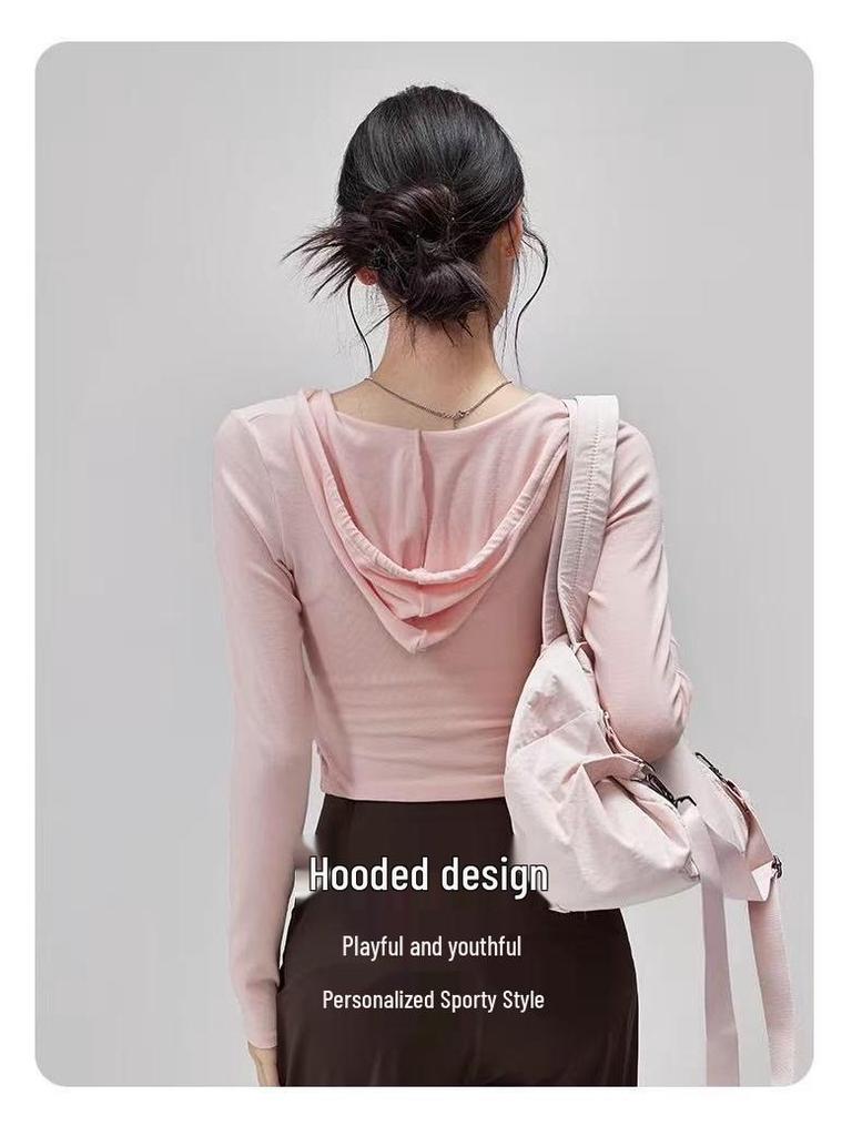 Women's Hooded Long Sleeve Yoga Top - Slimming, Breathable, Waist-Cinching Sports Cover-Up for Pilates Training, Autumn Comfort.