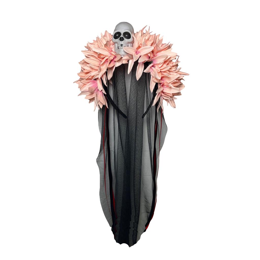 Halloween Long Ribbon Veil Floral Hair Band Girls Day Of The Dead Red Rose Flowers Headdress Party Cosplay Gothic Head Hoop