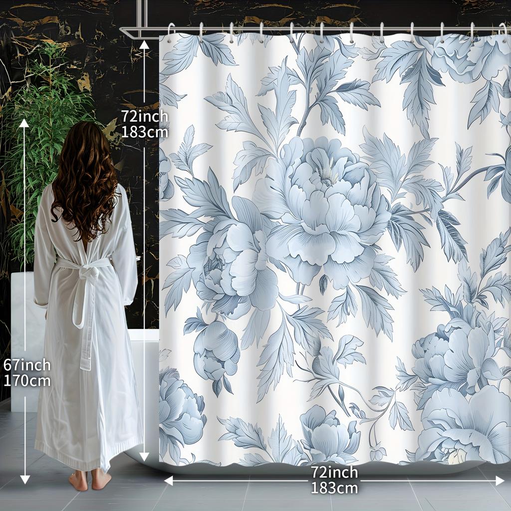 1pc Chinese elegant floral plant peony blue theme shower curtain, polyester fabric, machine washable, suitable for bathroom