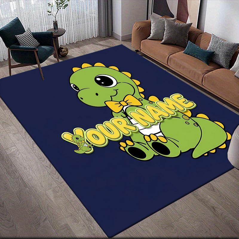 Custom Name,Cute Cartoon Dinosaur Home Sofa Decoration for Living Room & Bedroom, Non‑Slip Play Flannel Floor Mat for Game Room