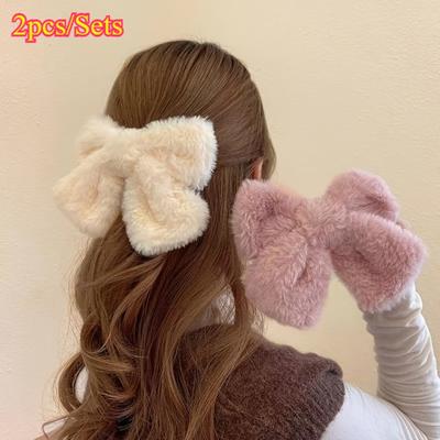 Two Beautiful Bow Hair Clips, Sweet And Lovely Solid Color Plush Big Bows In Pink And White for Women