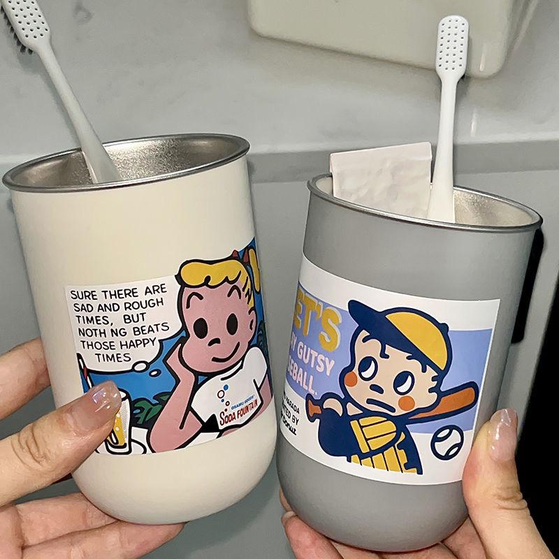 Harada Osamu Children's Cute Cartoon Toothbrush Holder Set - Stainless Steel, Creative Couple Rinsing Cups