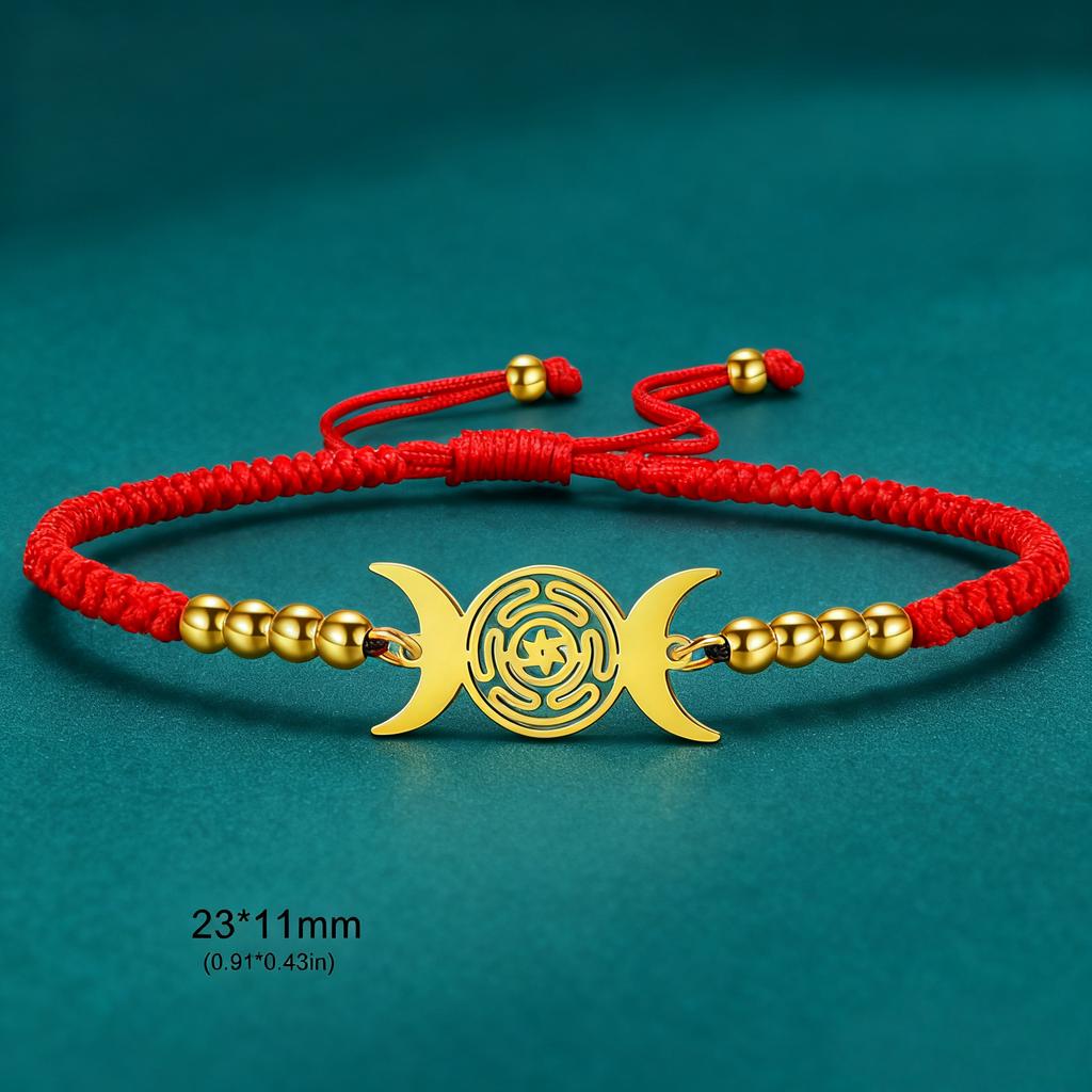 Triple Moon Goddess Bracelet Adjustable Black Rope Wiccan Pagan Jewelry Gift for Women Hecate Wheel