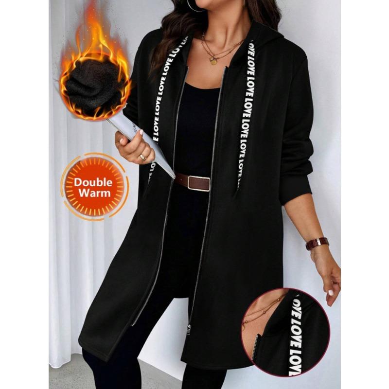 

Женское худи большого размера на длинной молнии, двойная теплая ткань, деталь с надписью LOVE , повседневная и уютная одежда для носки каждый день 1XL чёрный