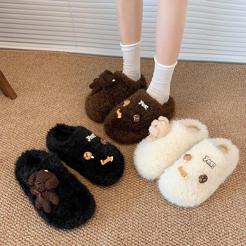 Popular fashion bow Mao Mao shoes outer wear 2025 autumn and winter new one-pedal Doudou shoes velvet cotton slippers