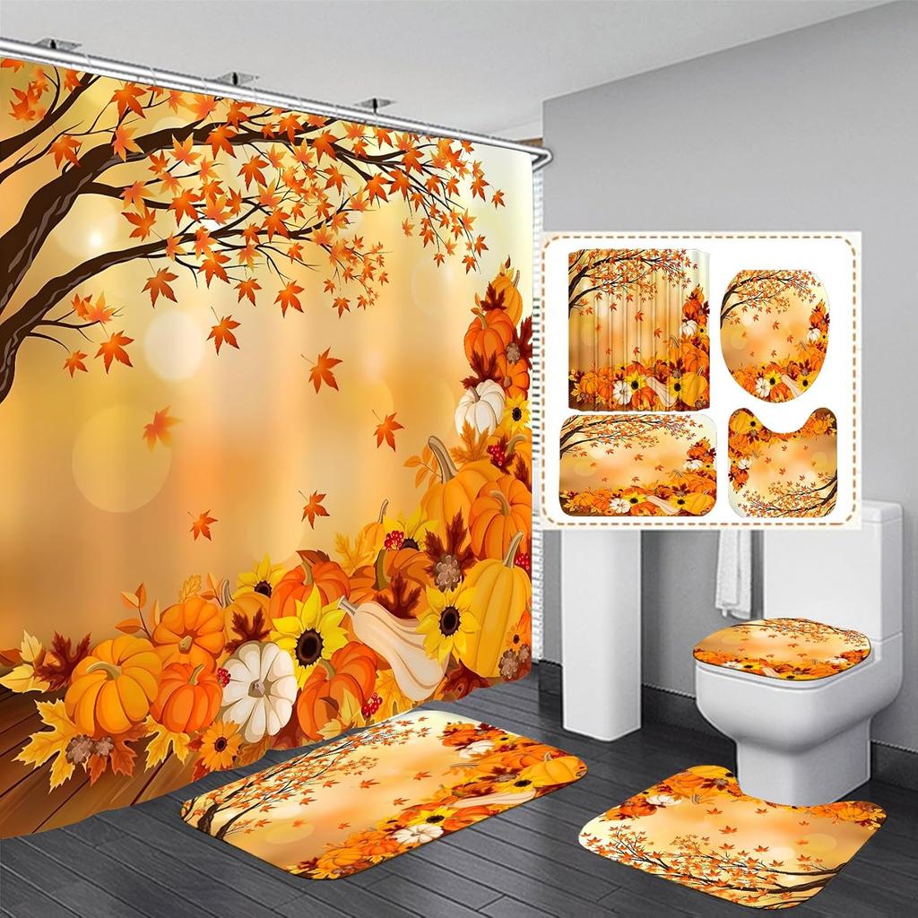 Fall Thanksgiving Day 4Pcs Autumn Pumpkin Maple Tree Leaves Shower Curtain Set With Non-Slip Rug Toilet Lid Cover And Bath Mat
