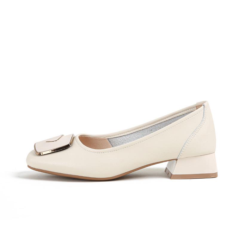 Soft Leather Single Shoes Women's Spring Square Buckle Thick Heel Medium Heel Soft Leather Square Head Grandma Shoes Soft Sole Shoes