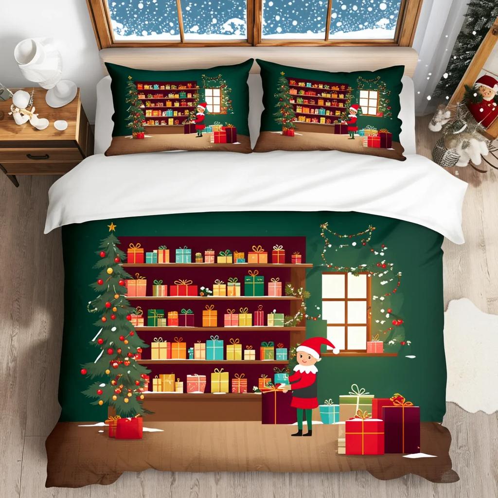 3Pcs Christmas Story Town Bedding Set Duvet Cover Warm Village Print Soft Polyester Queen Size Home Decor Holiday Gift