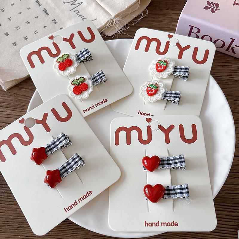 2pcs Korean Style Red Black Plaid Hairpins Strawberry Cherry Embroidery BB Clip Children's Hair Clip Bangs Clip Hair Accessories