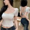 New Pure Desire Lace Short Sleeve T-Shirt with Chest Pad Women's Summer Short U-Neck Slim Top