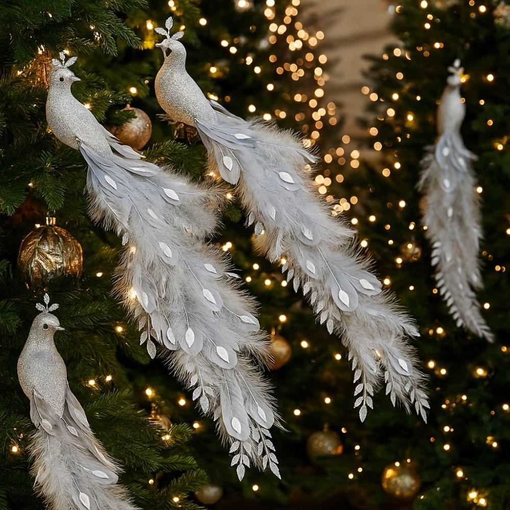 Realistic Christmas Peacock Ornaments Long Tail Peacock Bird Figurine  Home Party Decor