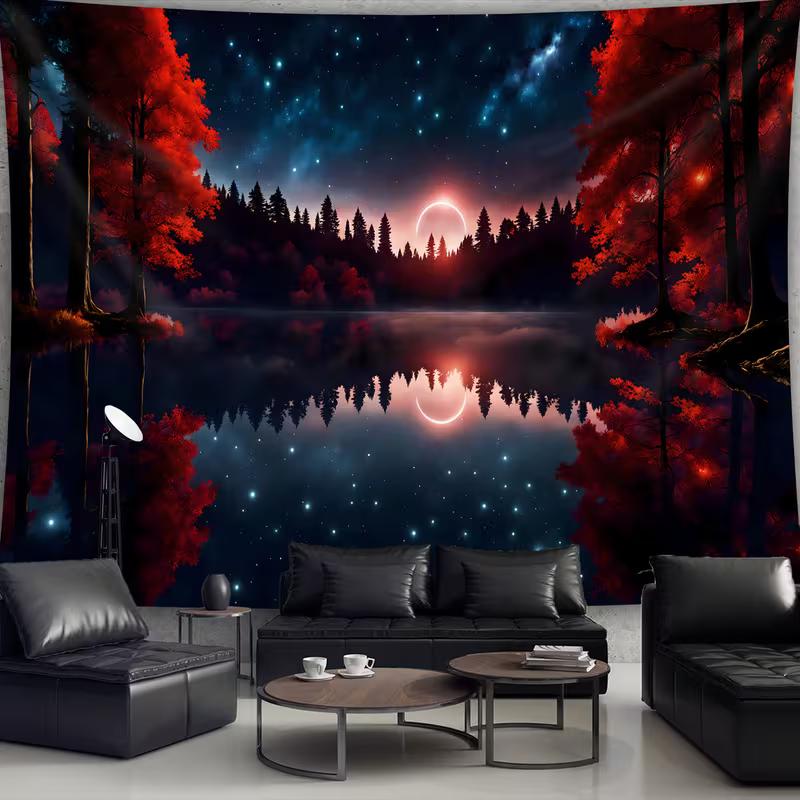 2D Red Maple Tree Night Tapestry Mystical Lake Scenery Room Background