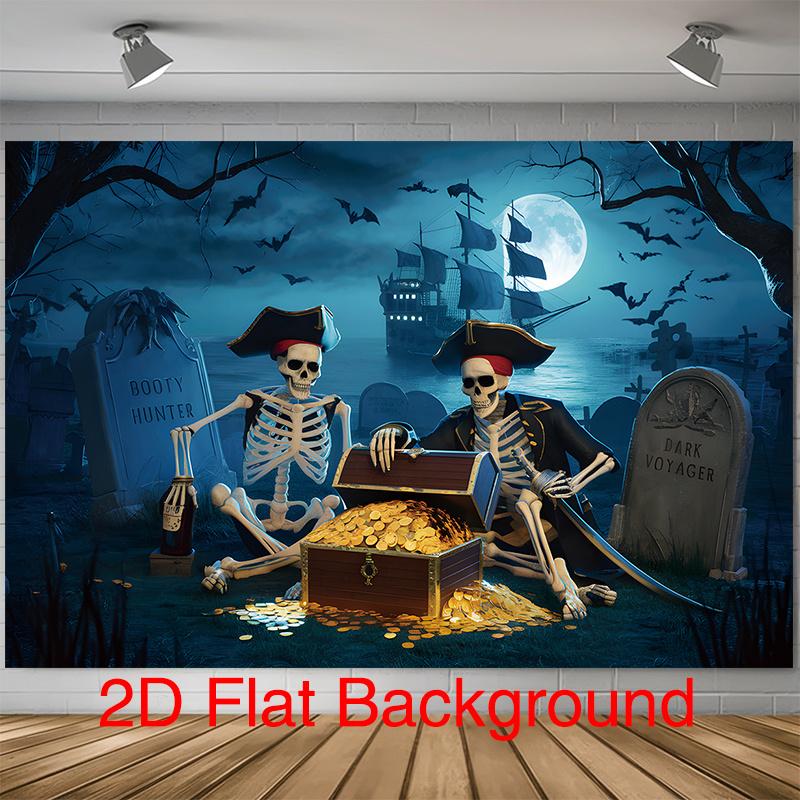 Party Backdrop Halloween Pirate Moon Skeleton Treasure Chest Flat Spooky Night Photo Background Decor Outdoor Party Decor