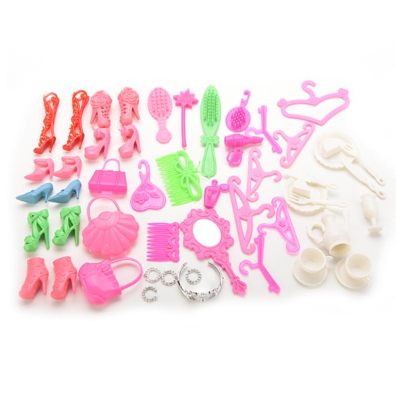 

50 шт. аксессуары для кукол, обувь, сумка, зеркало, вешалка, расческа, браслет, набор игрушек, не повторяемый разноцветный