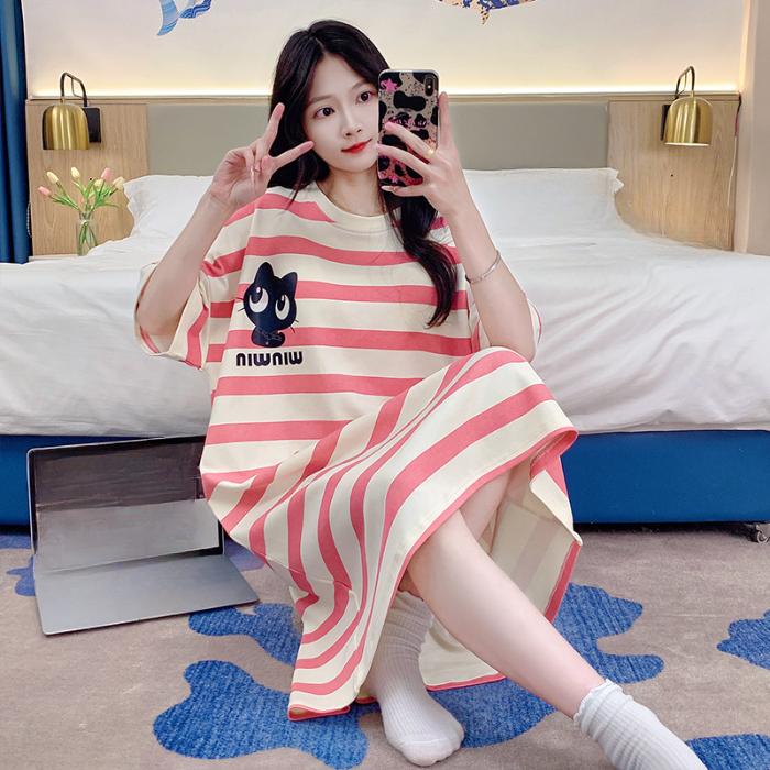 

Женские ночные рубашки с коротким рукавом из тонкого хлопка, женские летние полосатые принты с рисунком, домашняя одежда для молодых девушек, милая ночная рубашка, повседневная свободная одежда для отдыха L