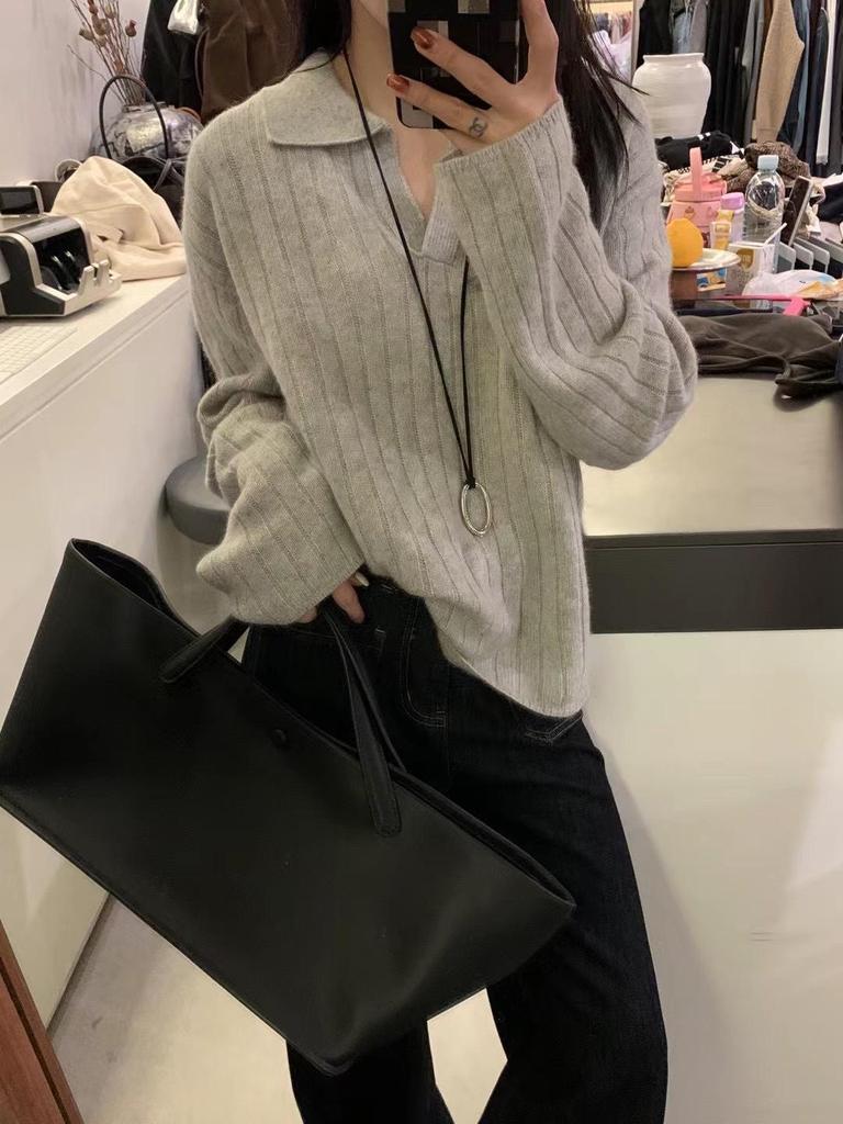 French Cashmere Lapel Knit Sweater - Women's Loose Fit, Autumn/Winter Thickened Base Layer
